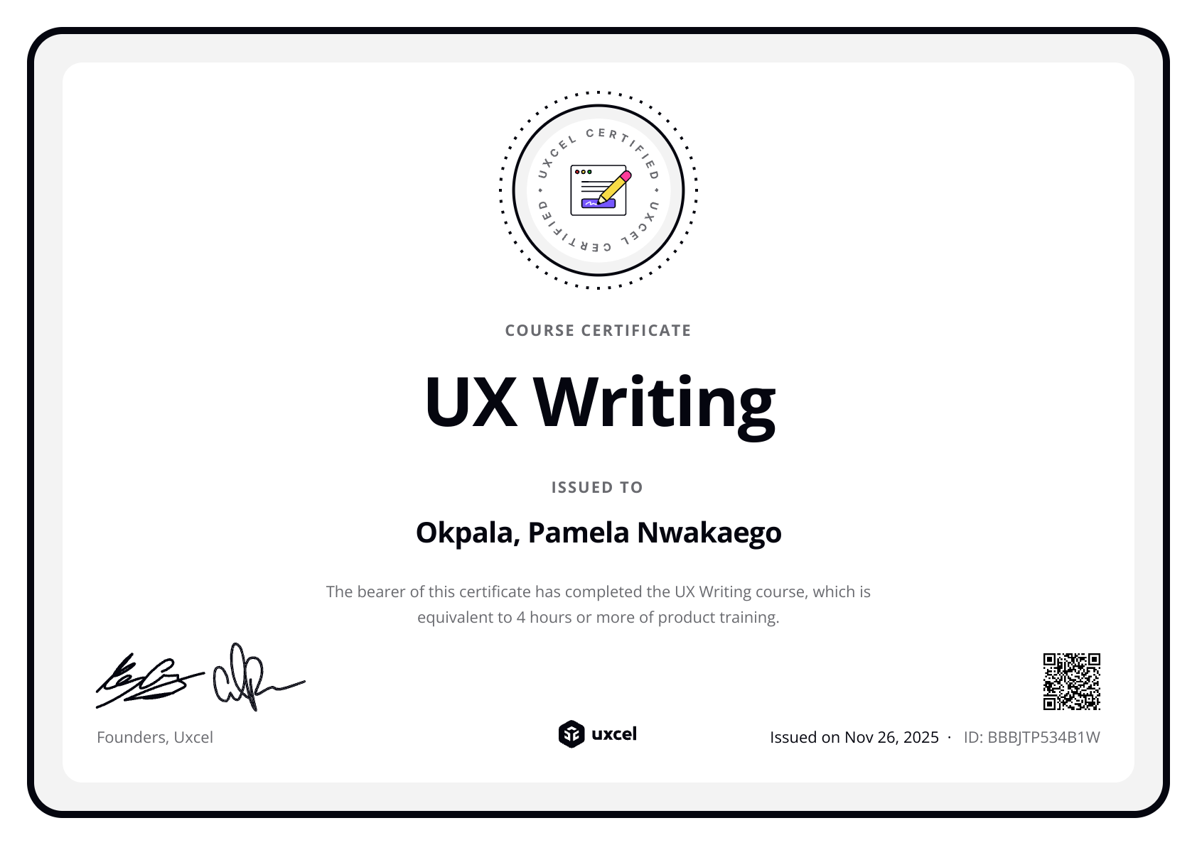 Okpala, Pamela Nwakaego's certificate